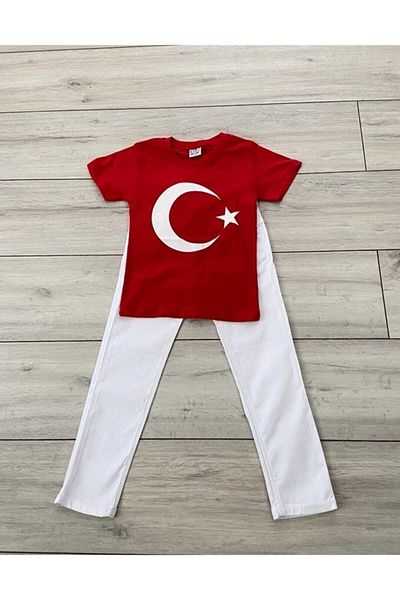 MaviMoure Red Turkish Flag Short Sleeve T-shirt White Pants Bottom Top Set