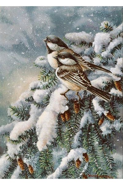 Marcel Kristal Tablo 41x56 Cm Bird Diamond Mosaic Painting - On the Branch of Snowy Pine Tree