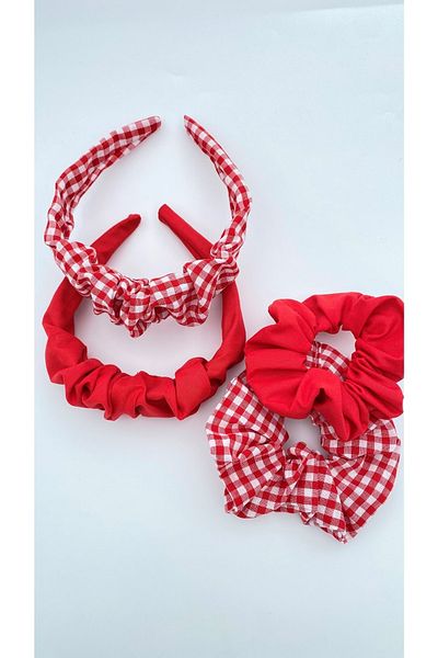 White Alamode Red Gingham and Plain Red Crown Buckle Set