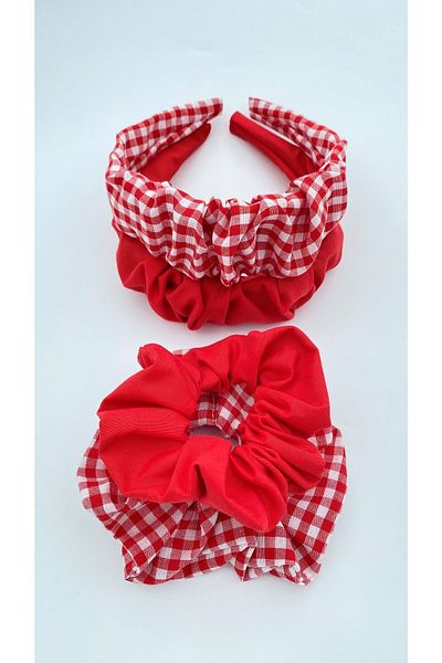 White Alamode Set de catarame cu coroană cu șnur roșu și roșu Gingham