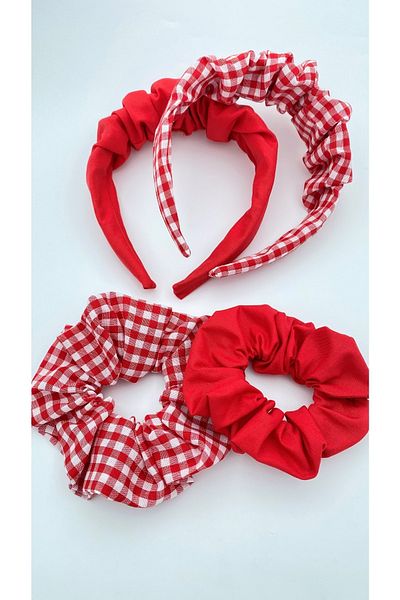 White Alamode Set de catarame cu coroană cu șnur roșu și roșu Gingham