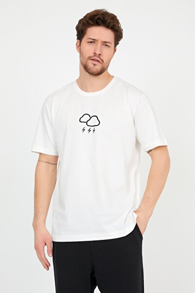 ADEGO Men's Ecru Cloud Printed Crew Neck Oversize Cotton T-Shirt