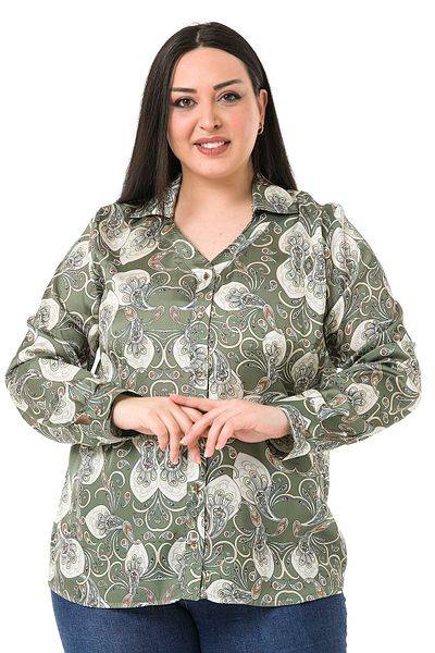 DISENTIS MODEST Χακί σατέν γυναικείο πουκάμισο - Plus Size, στάμπα σάλι και λεπτομέρεια γιακά