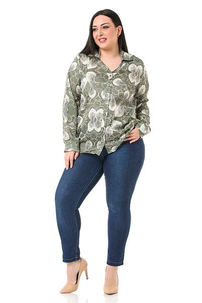 DISENTIS MODEST Χακί σατέν γυναικείο πουκάμισο - Plus Size, στάμπα σάλι και λεπτομέρεια γιακά