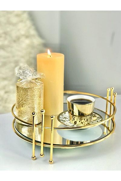 Housess Decorative Mirrored Presentation Tray Small Size Round Tray Stoned Marble Gold 26 Cm X 26 Cm