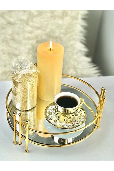 Housess Decorative Mirrored Presentation Tray Small Size Round Tray Stoned Marble Gold 26 Cm X 26 Cm