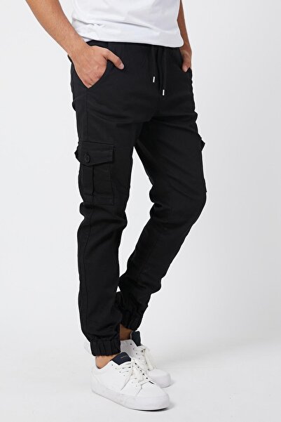 Genel Markalar Erkek Siyah Paçası Beli Lastikli Likralı Jogger Pantolon 1670