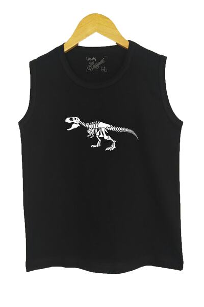 Raf Coll Tricou fără mâneci tricotat negru pentru copii Dinozaur Trex imprima...