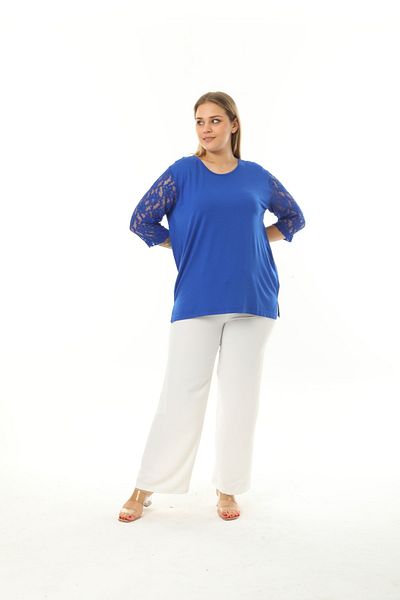GOLVEN Round Neck Saks Blue Plus Size Blouse with Lace Sleeves