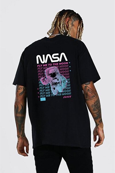 OkeanoX تيشيرت أسود كبير الحجم مطبوع بظهر ناسا فلاي مي تو ذا مون للجنسين