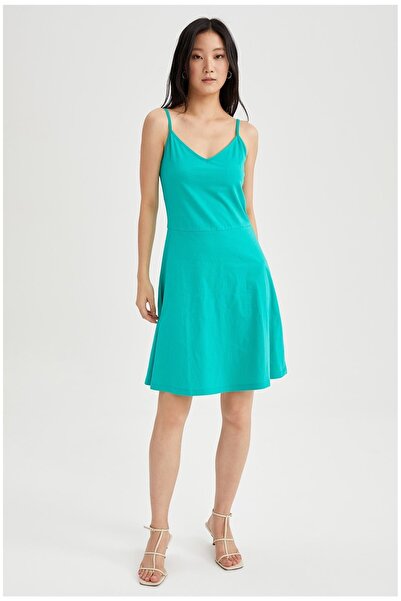 DeFacto Fitted V Yaka Askılı Mini Yazlık %100 Pamuk Elbise