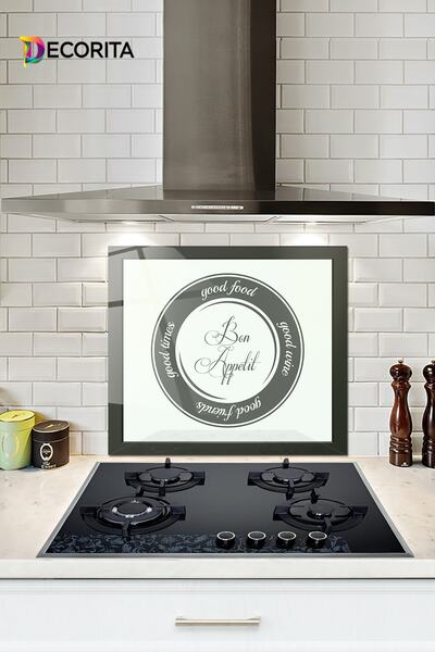 Decorita Cam Ocak Arkası Koruyucu | Good Food - Beyaz Fon | 52cm X 60cm