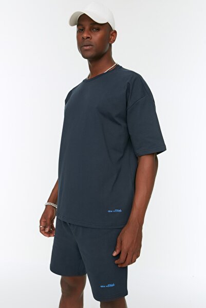 Trendyol Collection Σετ αθλητικών κοστουμιών Navy Blue Embroidered Oversize - 100% βαμβάκι TMNSS22EM00012