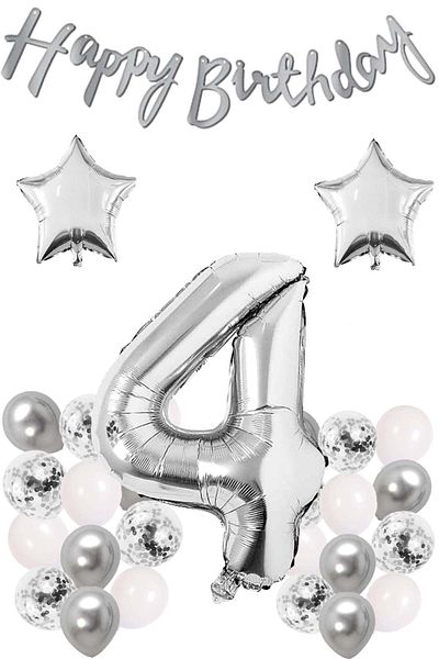Patladı Gitti Silver Concept 4 Years Old Birthday Celebration Set White Silver Confetti Balloon Figure Star Foil and Banner