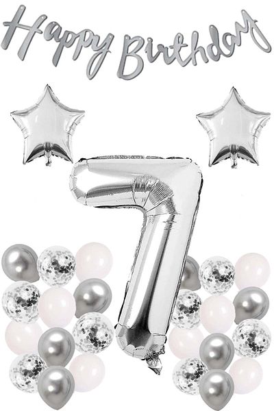 Patladı Gitti White Silver Confetti Celebration Set for 7 Year Old Birthday - Balloon FiGure, Star Foil and Banner