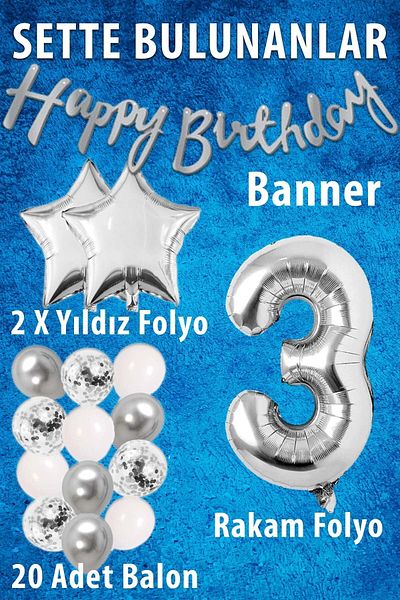 Patladı Gitti Silver Concept 3 Years Old Birthday Celebration Set White Silver Confetti Balloon Figure Star Foil and Banner