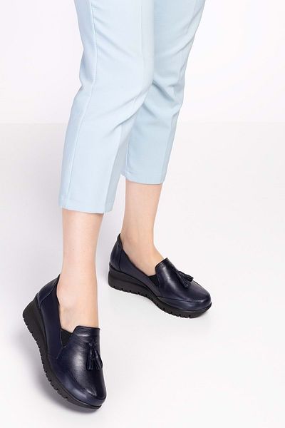 Gondol Women's Genuine Leather Anatomical Sole Wedge Heeled Casual Shoes Pyt.6204 - Navy Blue - 37
