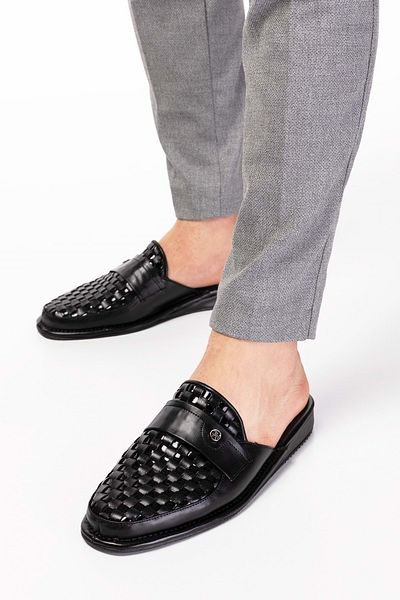 Gondol Men's Genuine Leather Knitted Pattern Groom House Slippers Kayaş.102 - Black - 42