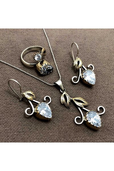 Midyat Nurtaş Gümüş Beyaz Zirkon Taşlı Otantik Gümüş Kadın Üçlü Set