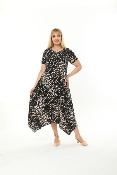 Mezura Plus Size Women's Relaxed Cut Patterned Short Sleeve Asymmetrical Viscose Combed Cotton Dress