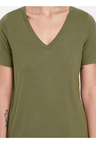 WESTMARK LONDON West Mark London Women's Ecovero Ecological Viscose V-Neck Khaki T-shirt