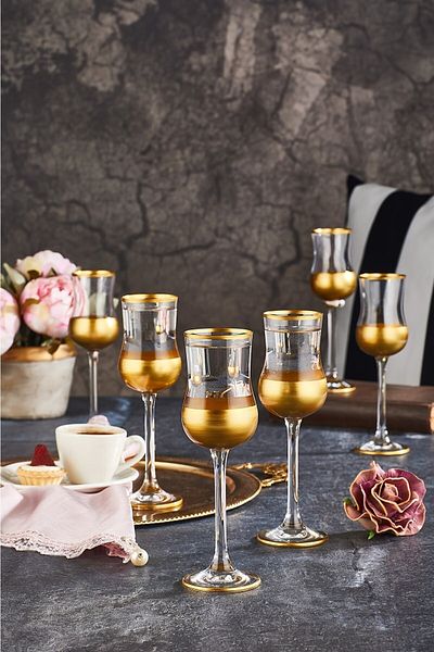 Paşabahçe Grappa Gold Luxury Series Water Glass, Set of 6 Glasses, Coffee Cup