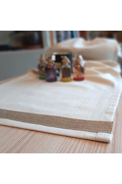 Arasta Design Düz Keten Natural Krem Rengi, Jüt Bordürlü Runner, 40x140 Cm
