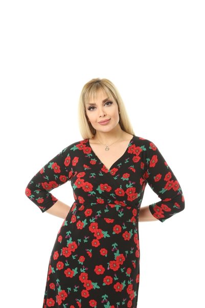 Mezura Plus Size Double Breasted Neck Three Quarter Sleeve Viscose Combed Cotton Dress