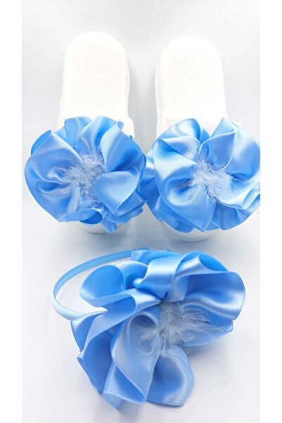 ALAZ TASARIM HOBİ Lohusa Terlik Taç Seti Fiyonklu Mavi