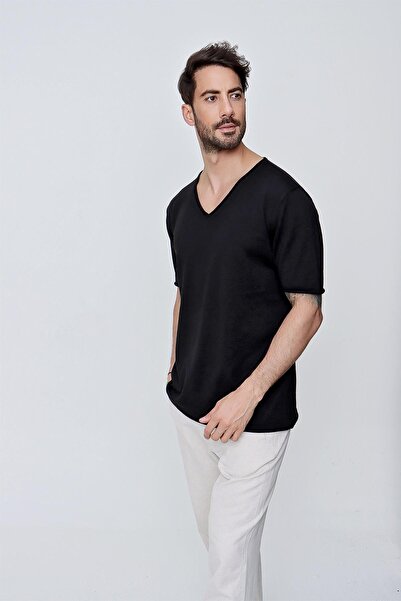 CHUBA Ανδρικό μπλουζάκι με λαιμόκοψη V Loose Fit Βαμβακερό λεπτό πλεκτό μαύρο 22sm204