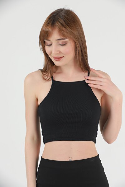TİODES Kadın Siyah Beyaz Ince Askılı 2'li Paket Halter Yaka Büstiyer Crop