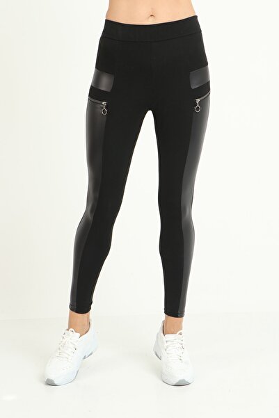 Grenj Fashion Siyah Yüksek Bel Önde Deri Ve Fermuar Detaylı Toparlayıcı Tayt