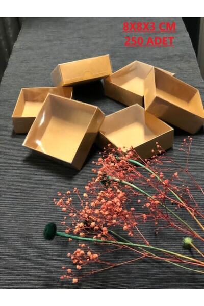 Modern Box 250 Adet 8x8x3 cm Asetat Kapaklı Kraft Kutu Düğün Nişan Kına Hediyelik Kutu
