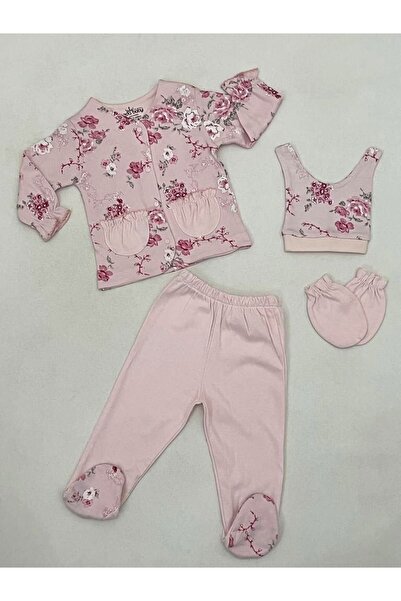 Gül Baskılı Şapkalı Eldivenli 4 Lü Set