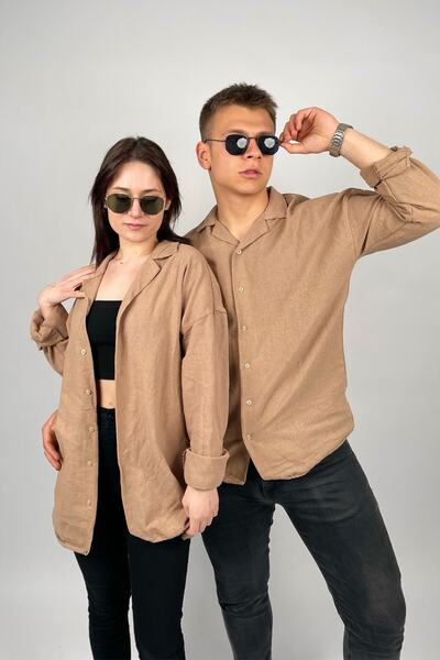 PUMP BUTİK Unisex Kahverengi Oversize Uzun Kol Keten Gömlek