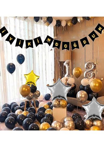 Parti dolabı خاص لديكورات حفلات أعياد الميلاد بعمر 18 عامًا أو مجموعة بالونات عيد ميلاد باللون الفضي والذهبي والأسود مع 60 بالونة