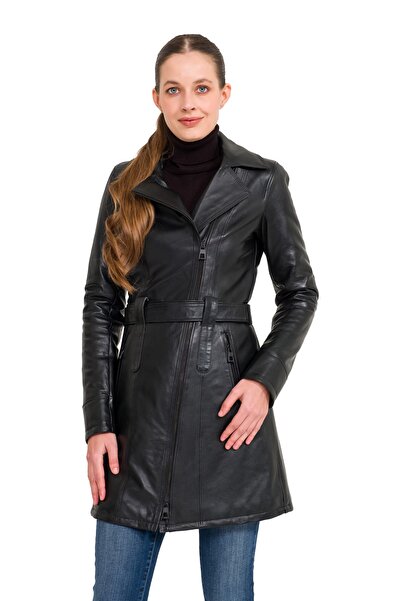 AtakGiyim Kadın Hakiki Deri Uzun French Siyah Deri Mont Pardesü