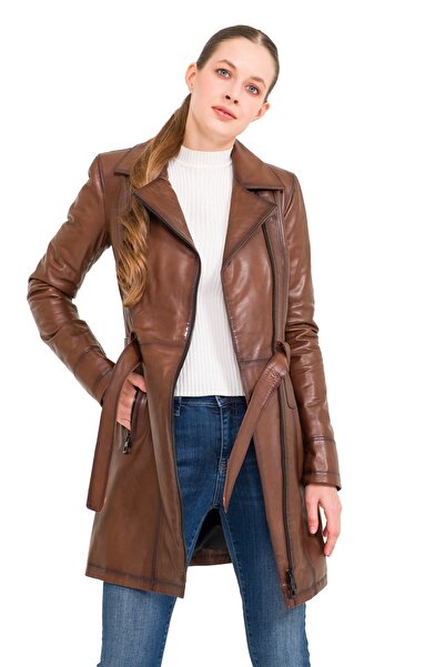 AtakGiyim Kadın Hakiki Deri Uzun French Kahve Deri Mont Pardesü