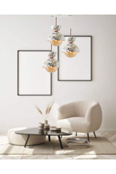 TT AYDINLATMA Tt007-3y Mby Mermer Desen 3 Lü Yuvarlak Beyaz Lüks Avize