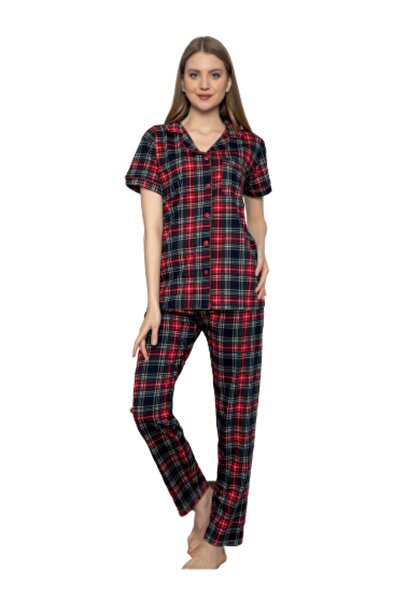 Miss Melina Kadın Kırmızı Ekoseli Kısa Kollu Altı Uzun Pijama Takım