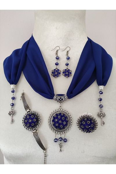 adilstore Set de colier, brățară, inel și cercei cu mărgele de cristal și nisip brodate cu rugăciunea ochiului rău
