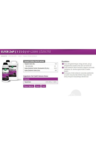 Genta Çinko Ve Fosfor Gübresi 31506zn (elfer Znp)1 Lt