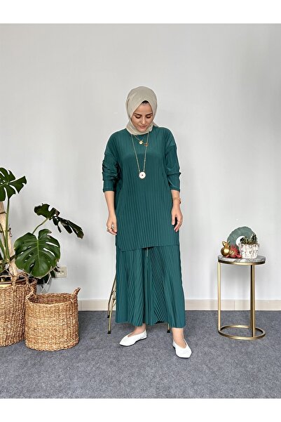 ASEL FASHİON بدلة ساندي مزدوجة مطوي باللون الأخضر الزمردي