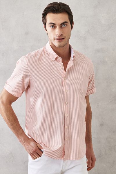 ALTINYILDIZ CLASSICS Ανδρικό Λευκό Πορτοκαλί Slim Fit Slim Fit με γιακά ριγέ πουκάμισο
