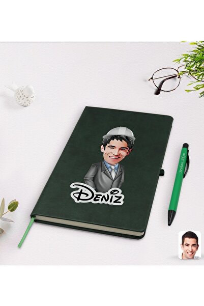 Bk Gift Kişiye Özel Erkek Mühendis Karikatürlü Yeşil Termo Deri Defter Kalem ...