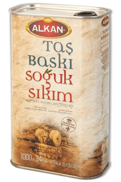 Alkan Zeytin Taşbaskı Soğuk Sıkım Zeytinyağı 1 Litre Teneke Ambalaj