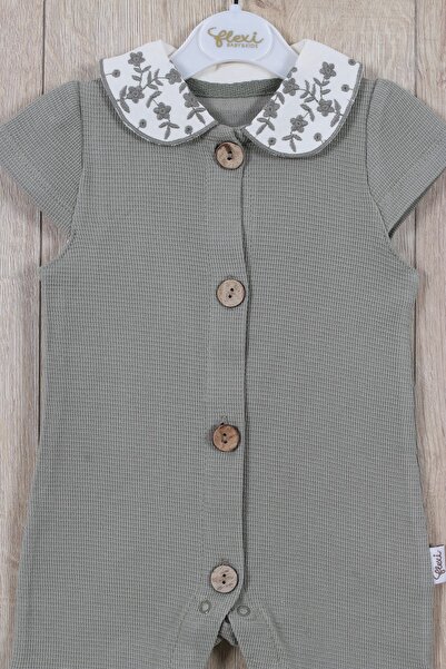 Flexibaby Baby Girl Romper 100% Cotton Embroidered Collar with Wooden Button Detail Short Barbatöz Rompers Baby Gift