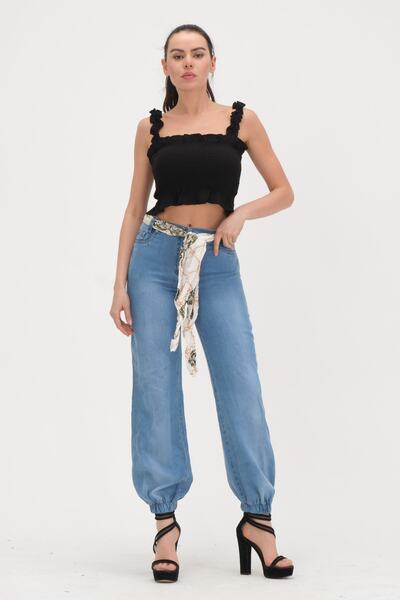 Barkaist Kadın Mavi Kumaş Kemerli Paça Lastikli Jean