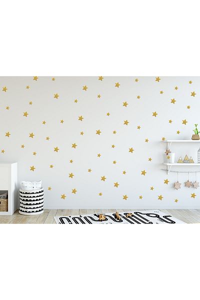 Sticker Sepetim Αυτοκόλλητο ντουλάπα τοίχου παιδικού δωματίου Gold Yellow Star Rain 3,5,7 cm Xl 100 τεμαχίων