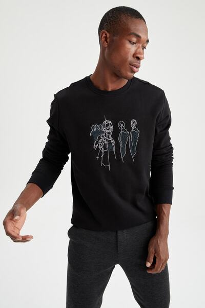 DeFacto Modern Fit Bisiklet Yaka İşlemeli Uzun Kollu Sweatshirt